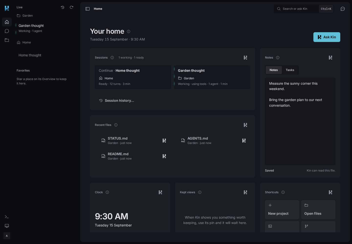 Kinra Space Home with sessions, notes, a clock, and recent files in Graphite.